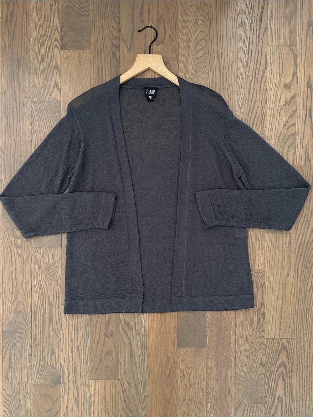 Eileen Fisher Mesh Knit Open Front Draped Cardigan Sweater in Grey Small